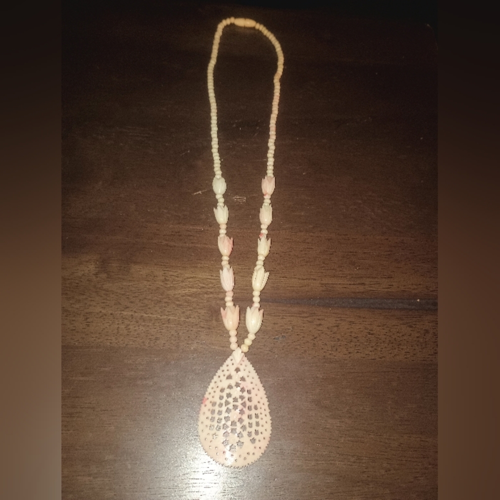Vintage Carved Bone Beaded Floral Necklace